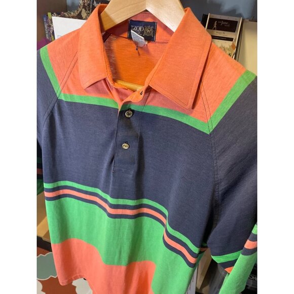 IZOD Navy Green Orange Striped Short Sleeve Polo Shirt SZ M - Picture 4 of 5